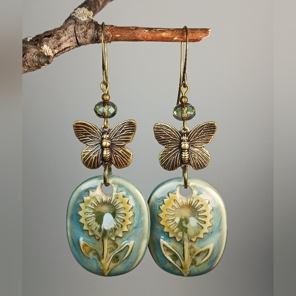 HAND CRAFTED Boho Ceramic Turquoise Green Flower Butterfly Dangle Earrings - Picture 3 of 7